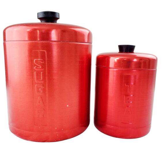 VNT MCM Steel Master Aluminum Tin SUGAR & TEA Canister Red Kitchenware 2PC Set - Picture 1 of 10